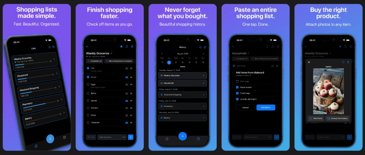 A five-screenshot App Store strip where the first screenshot is a tilted 3D device hero shot and the remaining four are flat 2D device frames