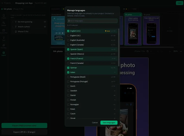 Mockstand multi-language export showing locale panel
